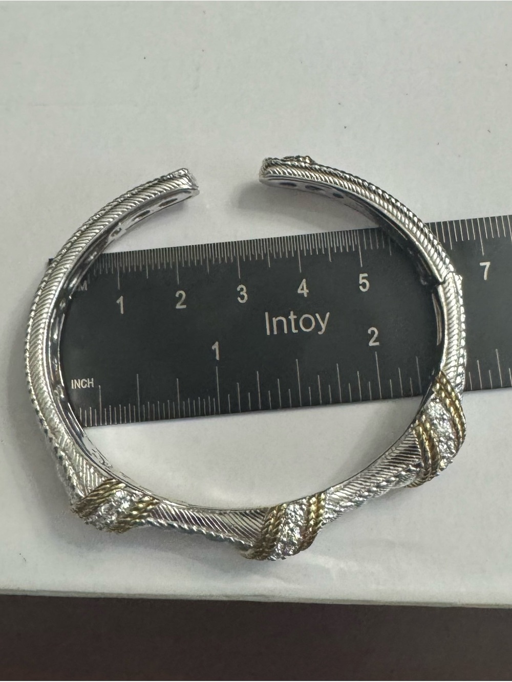 Judith Ripka 925 Silver Braided Cuff Bracelet w/Gold Texture Trim & Diamonique - Picture 11 of 13